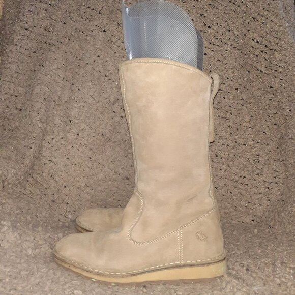 Fly London Shoes - FLY LONDON-Mid Calf-Beige Suede Boots-Back Studs-Side Zip-Sz 42-Excellent